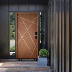 Imagem de Kit Porta de Madeira Frisada 215x117cm Batente 14cm Fechadura Digital Rodam Portas Marrom