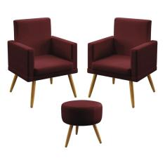 Imagem de Kit 2 Poltronas Vega e Puff Solar Com Rodapé Sued Bordô Aradecor