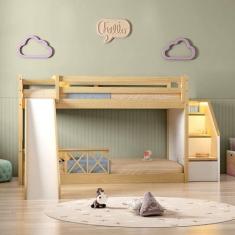 Imagem de Beliche Infantil Montessoriana Garden com Escada Lateral,grade Proteção I e Escorregadore Grade X Du Branco/natural