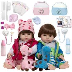Imagem de Boneca Reborn Gemeos Menina Menino Girafa Sapinho Acessórios - Cegonha