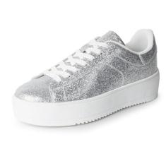 Imagem de J. Adams Hero Platform Tênis feminino casual com cadarço moderno, Glitter prateado laminado, 36