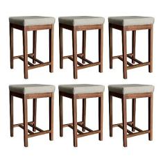 Imagem de Kit 6 Banquetas Média para Bancada Bali 64 Cm Madeira Maciça Suede Bege CCS