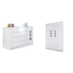 Imagem de Quarto infantil com Guarda-Roupa 4 Portas 2 Gavetas e Cômoda Lívia Phoenix Baby Branco