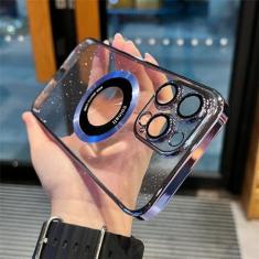 Imagem de Capa de telefone de carregamento sem fio luxuosa com glitter para iPhone 12 13 14 Pro Max Capa magnética transparente transparente, azul celeste, para iPhone 14Pro