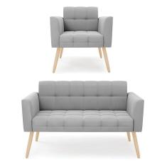 Imagem de Kit 1 Sofá Namoradeira E 1 Poltrona Elisa Suede Cinza Pés Palito Natural - D`rossi