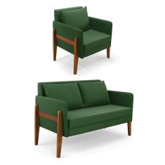 Imagem de Kit 1 Sofá Namoradeira E 1 Poltrona Lana Suede Verde Base De Madeira - D`rossi