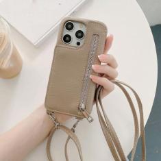 Imagem de Capa de telefone com zíper carteira espelho de maquiagem crossbody cordão para iPhone 14 Pro Max 13 12 11 XR XS 7 8 Plus capa de couro com bolso para cartão, cáqui, para iPhone 11 Pro Max