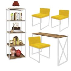 Imagem de Kit Escritório Bex 3 Cadeiras Suede Amarelo com 1 Mesa e 1 Livreiro Ferro Branco MDF Freijó - Ahazzo Móveis