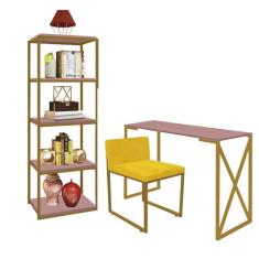 Imagem de Kit Escritório Bex 1 Cadeira Suede Amarelo com 1 Mesa e 1 Livreiro Ferro Dourado MDF Rose Rosa - Ahazzo Móveis