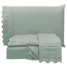 Imagem de Jogo De Cama Lençol Realce Queen 4 Peças Percal 300 Fios Bordado Inglês Macio - Cinza Chumbo