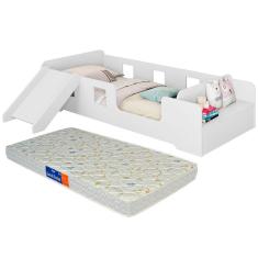 Imagem de Cama Infantil Montessoriana com Escorregador e Grade Proteção com Colchão Manu Branco
