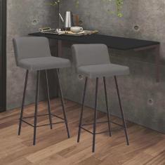 Imagem de Kit Mesa Suspensa de Parede Fixa mdf Preto + 2 Banquetas Lexi Ferro Marrom Sintético Cinza - Ahazzo Móveis