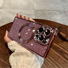 Imagem de Capa luxuosa de celular com carregamento sem fio, glitter, para iphone 15, 14, 13, 12, 11 pro max plus, capa macia, rosa, para iphone 11