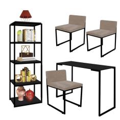 Imagem de Kit Escritório Ravi 3 Cadeiras Suede Bege com 1 Mesa e 1 Livreiro Ferro Preto MDF Preto - Ahazzo Móveis