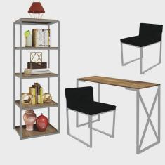 Imagem de Kit Escritório Bex 2 Cadeiras Suede Preto com 1 Mesa e 1 Livreiro Ferro Cinza mdf Demolição - Ahazzo Móveis