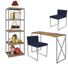 Imagem de Kit Escritório Bex 2 Cadeiras Sintético Azul Marinho com 1 Mesa e 1 Livreiro Ferro Cinza MDF Freijó - Ahazzo Móveis