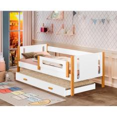 Imagem de Bicama Infantil Com Grade De Proteção E Colchões Mirela Branca/Amêndoa + Luminária Led