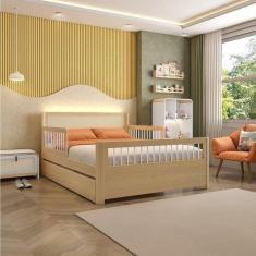 Imagem de Bicama Casal Wave Juvenil Reversível em Led ,com Rattan e Grade de Proteção Palito Casatema Branco/Natural