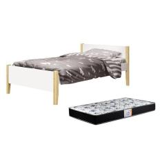 Imagem de Cama Solteiro Simba Branco Fosco Com Pés Madeira Natural E Colchão D33 Reller Móveis Branco Fosco
