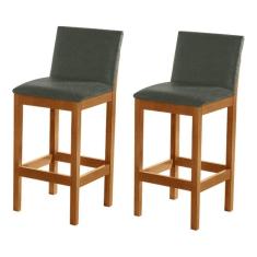 Imagem de Kit 2 Banquetas Alta Pérola Com Encosto Estofada Em Linho Chumbo Madeira Maciça Castanhocinza