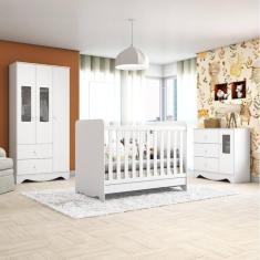 Imagem de Quarto de Bebê Completo com Guarda Roupa e Cômoda com Janelas e Berço 3 em 1 Pirueta Espresso Móveis Branco Brilho