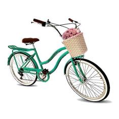 Imagem de Bicicleta aro 26 feminina retrô com cesta tipo vime 6v verde