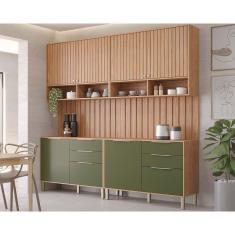 Imagem de Cozinha Modulada Completa Divina 6 Peças (2Aéreos+2Balcões+2Complementos) CZ005 Freijo/Verde - MGM