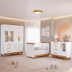 Imagem de Quarto Bebê Retrô Janelado Completo com Guarda Roupa 4 Portas Berço Mini Cama Cômoda 4 Gavetas Móveis Peroba