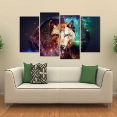 Imagem de Quadro Decorativo Lobo Escritório Mosaico Em Tecido 4 Peças