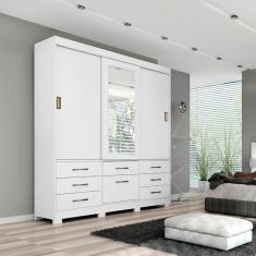 Imagem de Guarda Roupa MDF 3 Portas de Correr Espelho 7 Gavetas 1 Sapateira e 8 Pés Luiza Panan Móveis Branco