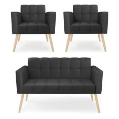 Imagem de Kit 1 Sofá Namoradeira E 2 Poltronas Elisa Corino Pés Palito Natural - D`rossi Cor Preto