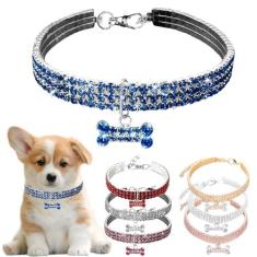 Imagem de Coleira de cachorro com diamante brilhante, coleira de cachorro de strass com pingente de osso de cristal, coleiras de cachorro com joias brilhantes azuis para meninas, gatos e cães, presentes de