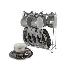 Imagem de Conjunto de Xicaras para Cafe Chrominno em NEW Bone China 80ML Prata e Branco com RACK Lhermitage 24542