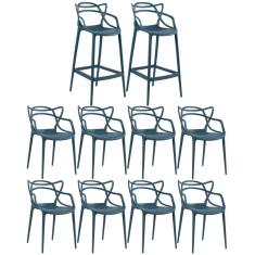 Imagem de Kit 8 Cadeiras + 2 Banquetas Altas Masters Allegra Azul Petróleo Azul-petróleo