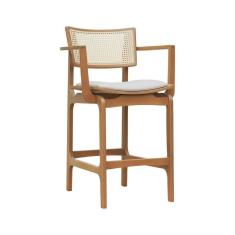 Imagem de Banqueta Alta Bistrô Apollo Com Braços Encosto Telinha Natural E Assento Anatômico - Natural Estofado Corano Bege