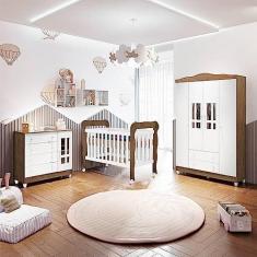 Imagem de Quarto de Bebê Ariel Berço 3 em 1 Lila Guarda Roupa 4 Portas Cômoda Infantil Branco Amadeirado Carolina Baby