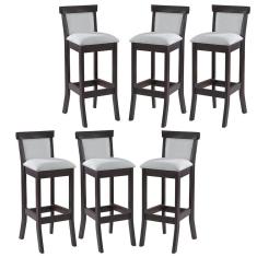 Imagem de Kit 6 Banquetas Alta Estofada Encosto Mônaco 36x100Cm Madeira Maciça Linho Bege Cru L71 - RMI