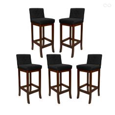 Imagem de Kit 5 Banquetas Alta com Encosto Matelassê Tóquio Madeira Maciça Maciça Suede Preto CCS