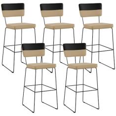 Imagem de Kit 05 Banquetas Altas Sala De Jantar Allana L02 Faixa Facto Preto Linho Bege Escuro - Lyam Decor
