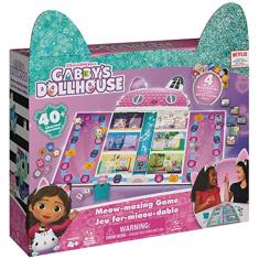 Imagem de Gabby`s Dollhouse, jogo de tabuleiro Meow-Mazing baseado no programa DreamWorks Netflix com 4 bandanas de gatinho, para famílias e crianças a partir d