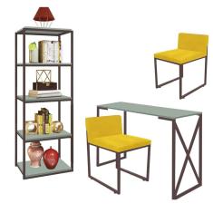 Imagem de Kit Escritório Bex 2 Cadeiras Suede Amarelo com 1 Mesa e 1 Livreiro Ferro Marrom MDF Verde Oliva - Ahazzo Móveis