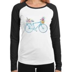 Imagem de Baby Look Raglan Bicicleta E Flores Manga Longa - Foca Na Moda
