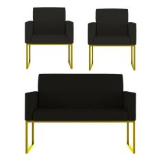 Imagem de Kit Sofá 2 Lugares + 2 Poltronas Recepção Sala Base Dourada Cor:preto Preto