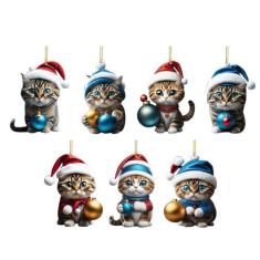 Imagem de 7 peças de enfeite de Natal de gato, enfeites de animais 2D para árvore de Natal, figuras de gato, enfeites decorativos pendurados, conjunto de enfeites de Natal para parede, porta, espelho retrovisor
