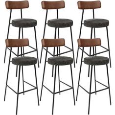 Imagem de Kit 06 Banquetas Alta Cozinha Sala De Jantar Milão L02 Couríssimo Marrom Linho Chumbo - Lyam Decor