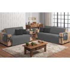 Imagem de kit jogo capa de sofá cinza com laço 2 e 3 lugares + 4 almofadas preta