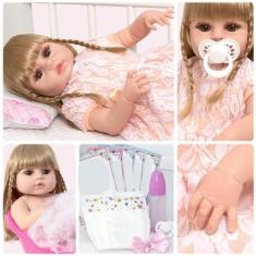 Imagem de Boneca Reborn Loira Realista Fofa Com Enxoval 13 Acessórios