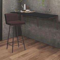 Imagem de Kit Mesa Suspensa de Parede Fixa mdf Preto + 1 Banqueta Lexi Ferro Marrom Sintético Marrom - Ahazzo Móveis