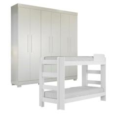 Imagem de Quarto Infantil/juvenil com Beliche 100% Mdf Flórida e Guarda Roupa 6 Portas 4 Gavetas Flórida Branco