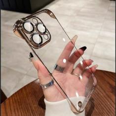 Imagem de Capa ultrafina transparente sem moldura luxuosa com revestimento de luxo para iPhone 15 14 Plus 13 12 11 Pro Max Capa de proteção rígida transparente para câmera, dourada, para iPhone 13 ProMax